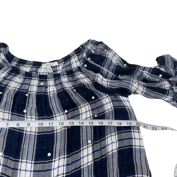 Fever Womens Plaid Ruffle Top W/ Pearl Embellishments Size 8 Rayon Navy & White - Picture 5 of 8